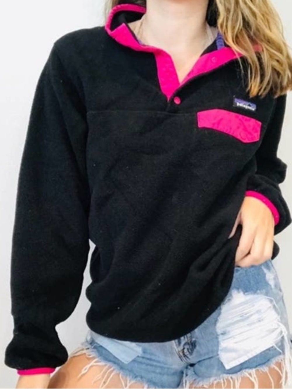 Patagonia Synchilla black pink soft fleece 1/4 snap cozy pullover sweater